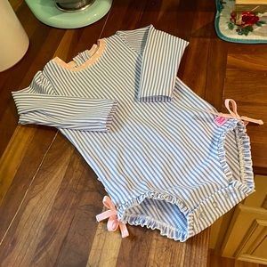 Rufflebutts Periwinkle Seersucker Long Sleeve Rash Guard One Piece Swim Suit 2T